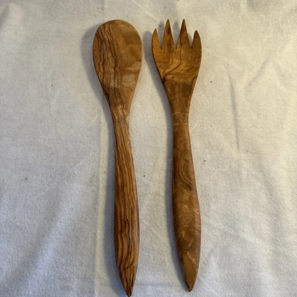Vtg Olive Wood Salad Server Set - 12 Inch Wooden Tongs - Rustic Made In Spain